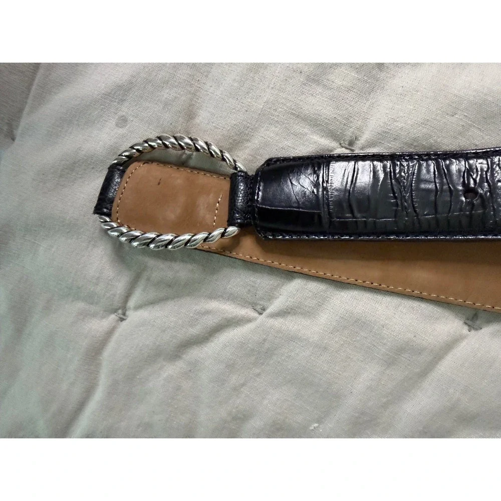 Brighton Womens M Black Croc Embossed‎ Leather Belt Silver Rope Buckle WESTERN